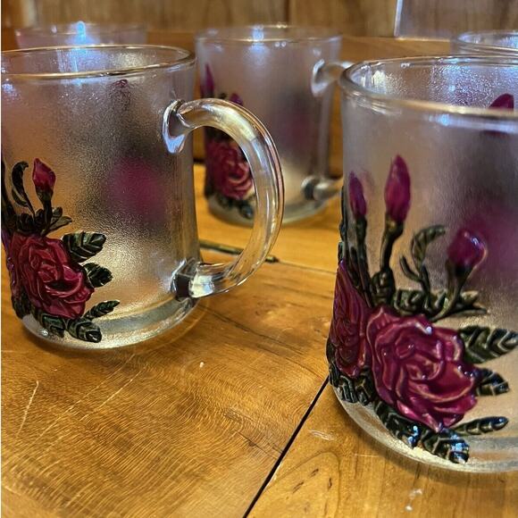 Pasari Frosted Pressed Glass Red Rose Hand Painted Mugs Set of 6 - Picture 5 of 7